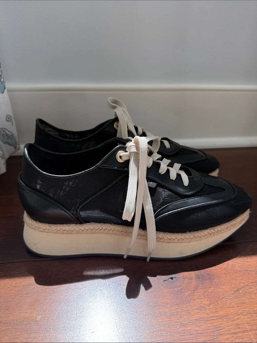L'AGENCE Iris Mesh Black Platform Lace-Up Sneakers with Cream Accents